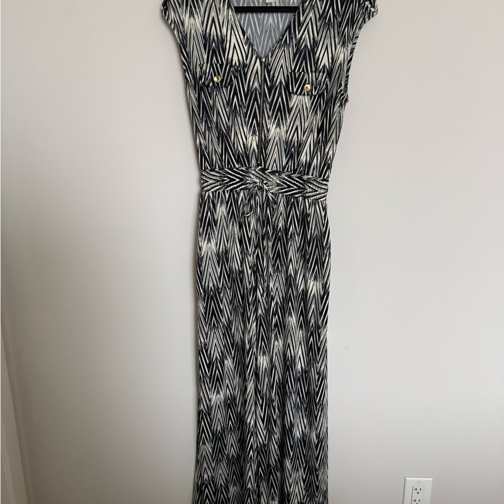 Emma & Michele Black White Chevron Jumpsuit Size M Wide Leg Zip Front